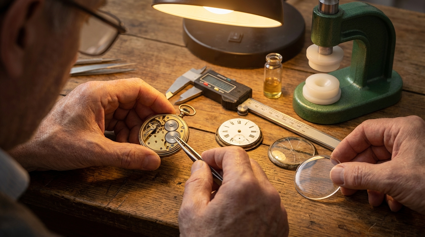 Mani esperte che si preparano a cambiare il vetro di un orologio da taschino antico su un banco da lavoro.