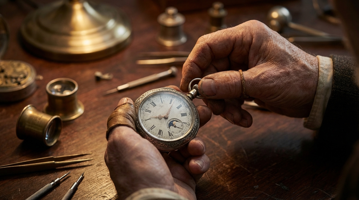 Persona che sta per caricare un orologio da taschino vintage su un tavolo da lavoro.