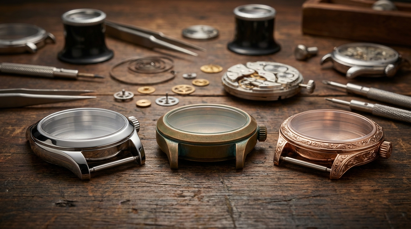 Collezione di casse dell'orologio in diversi materiali come acciaio, bronzo e oro su un banco da lavoro