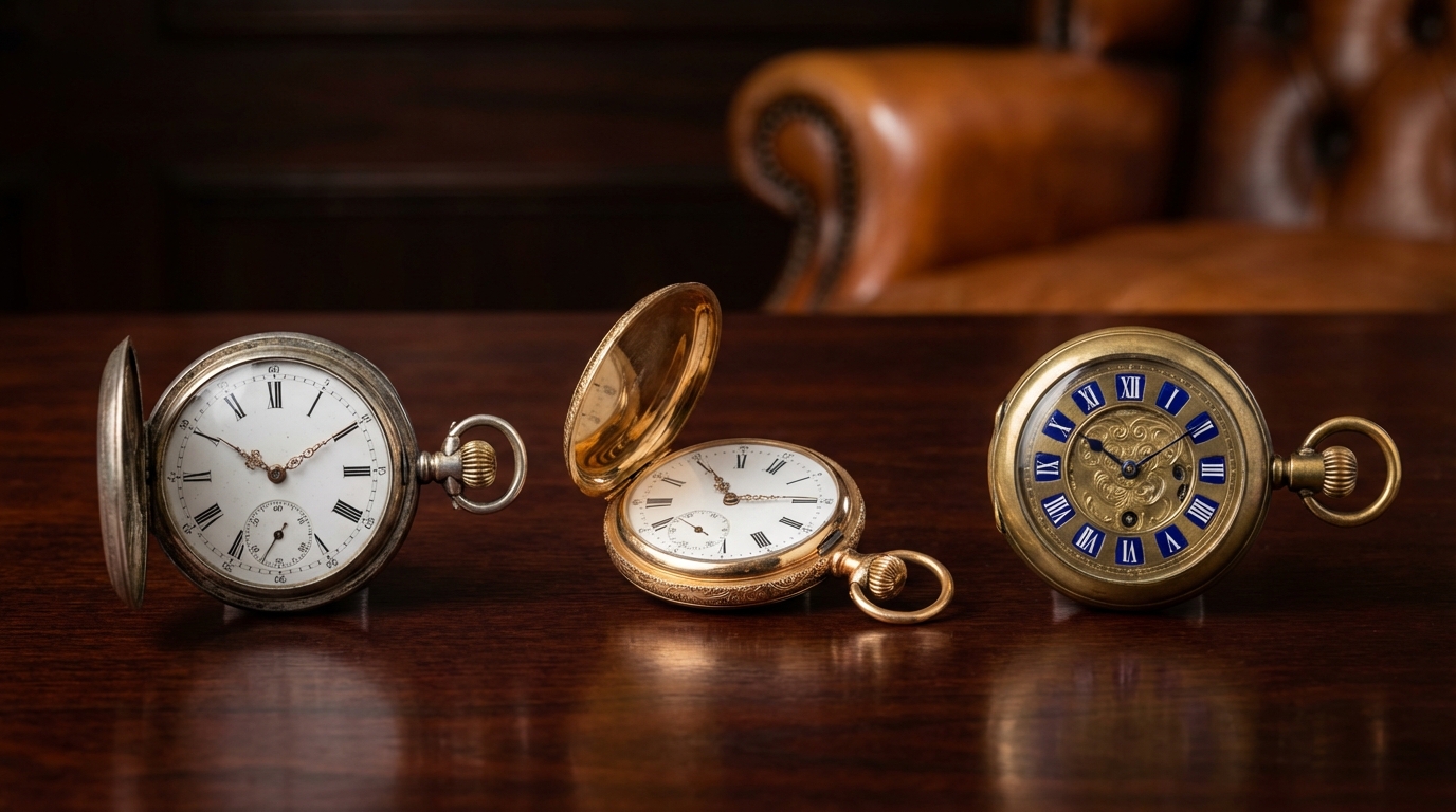 Diversi tipi di casse per orologi da taschino antichi: Open-Face, Hunter e Half-Hunter.