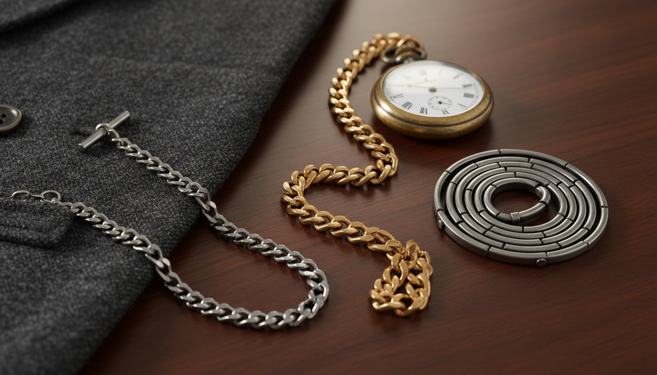 Una selezione di diverse catene per orologi da taschino, inclusa una catena Albert-T su un panciotto.