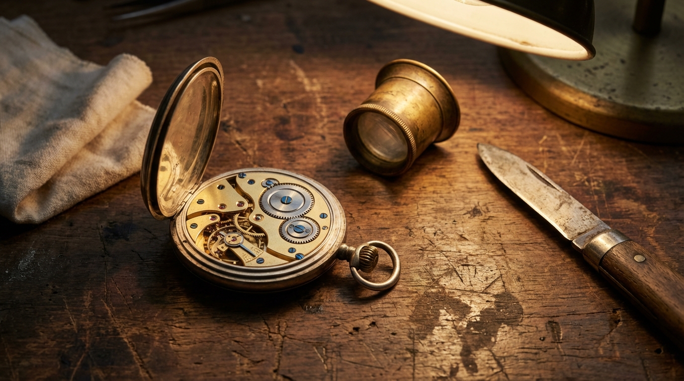 Una guida su come aprire un orologio da taschino, con un modello vintage aperto su un banco da lavoro.