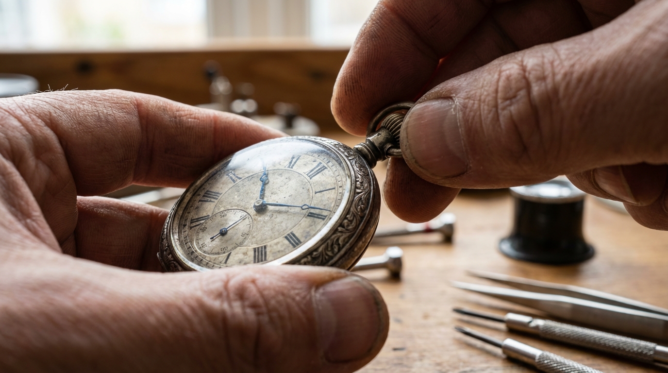 Primo piano delle mani di un uomo che impara come caricare un orologio da taschino vintage girando la corona.