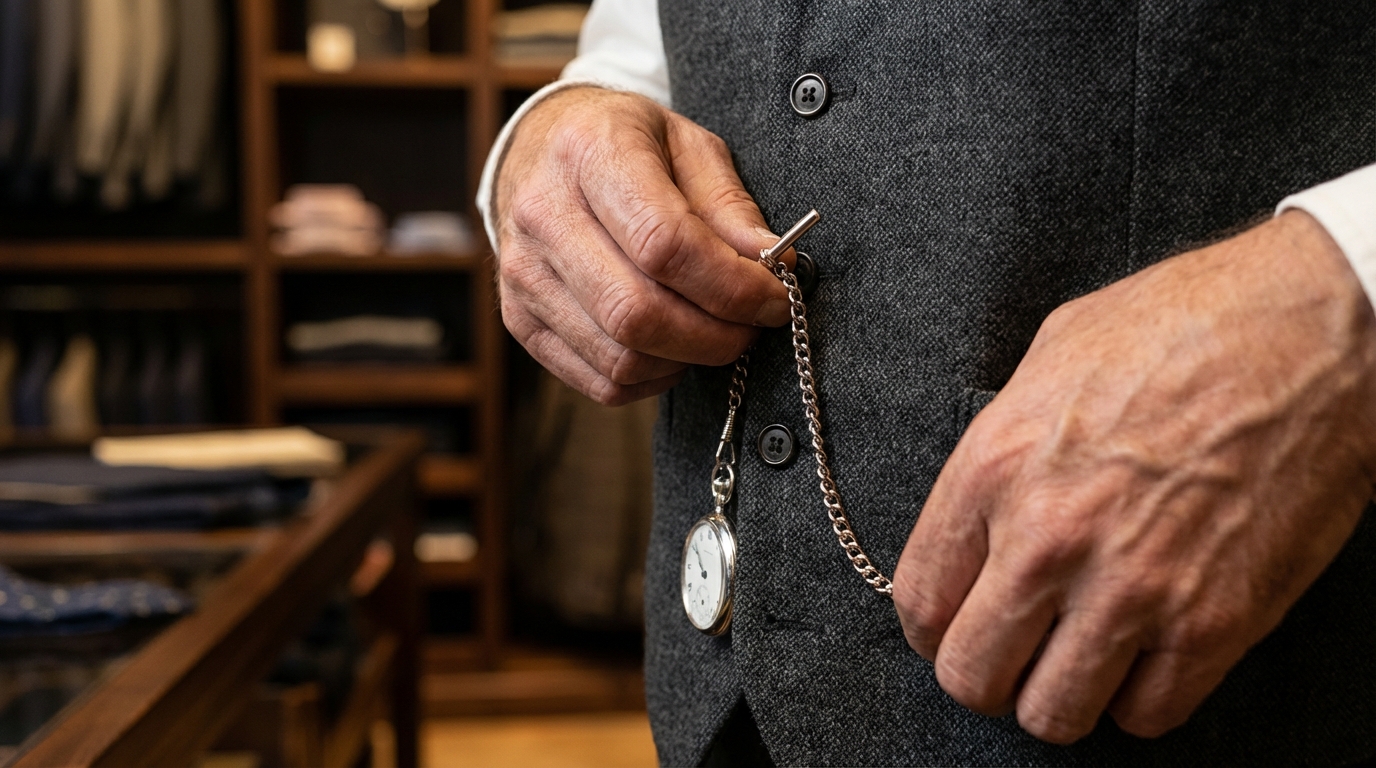 Un uomo elegante che mostra come indossare un orologio da taschino agganciando la catena a un gilet di tweed.