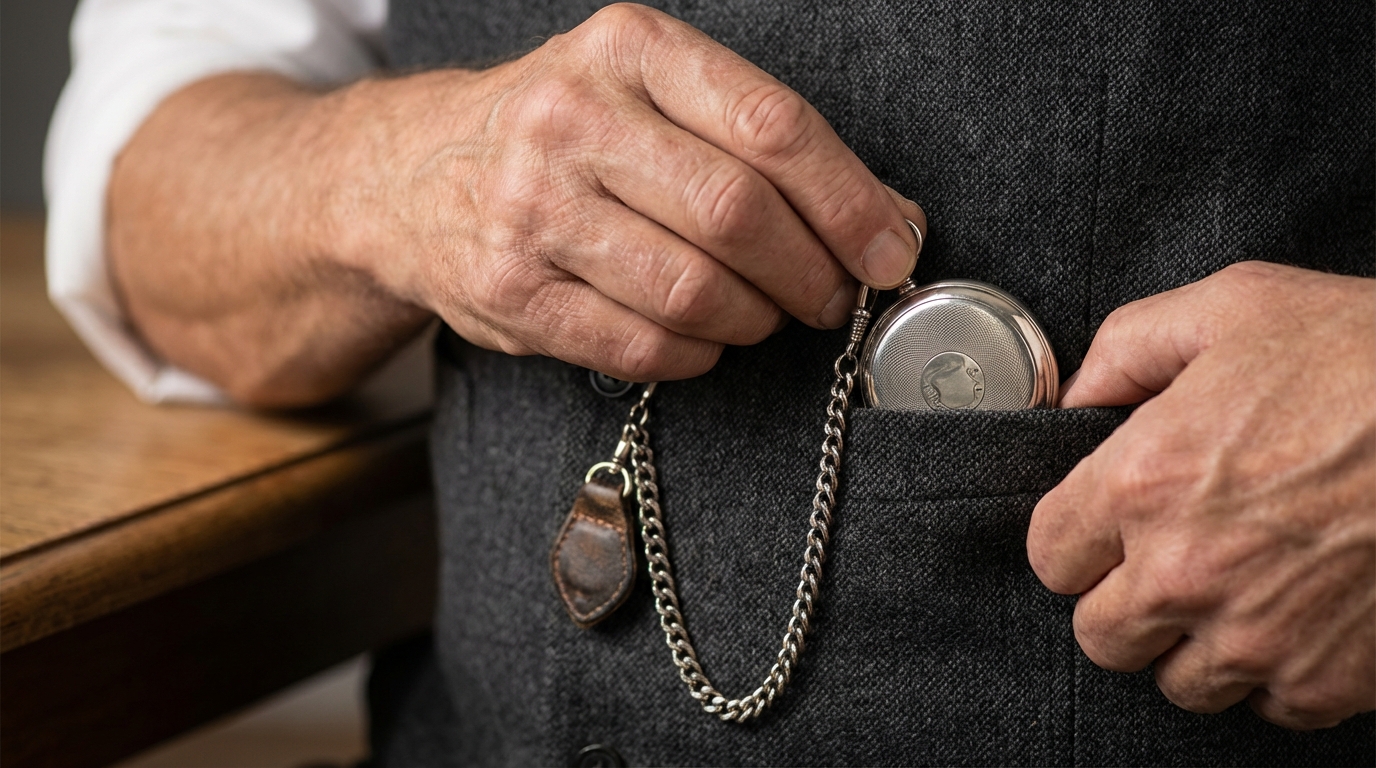 Un uomo che mostra come indossare un orologio da taschino con un gilet in tweed.