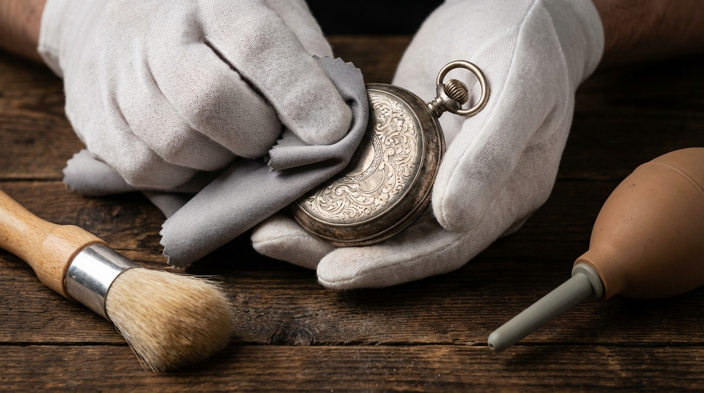 Come pulire un orologio da taschino: pulizia delicata della cassa in argento con un panno morbido.
