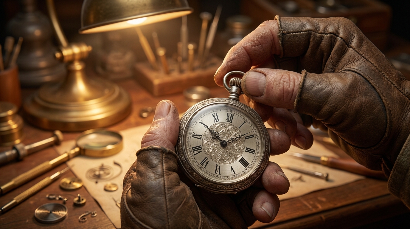 Mani che eseguono l'operazione di come regolare un orologio da taschino antico.