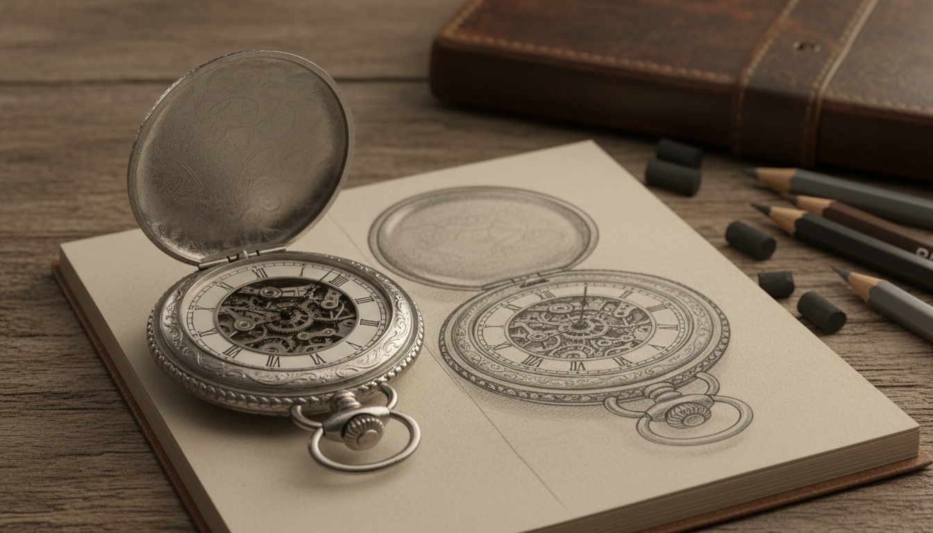 Disegni di orologi da taschino: un orologio antico accanto a uno schizzo a matita realistico.