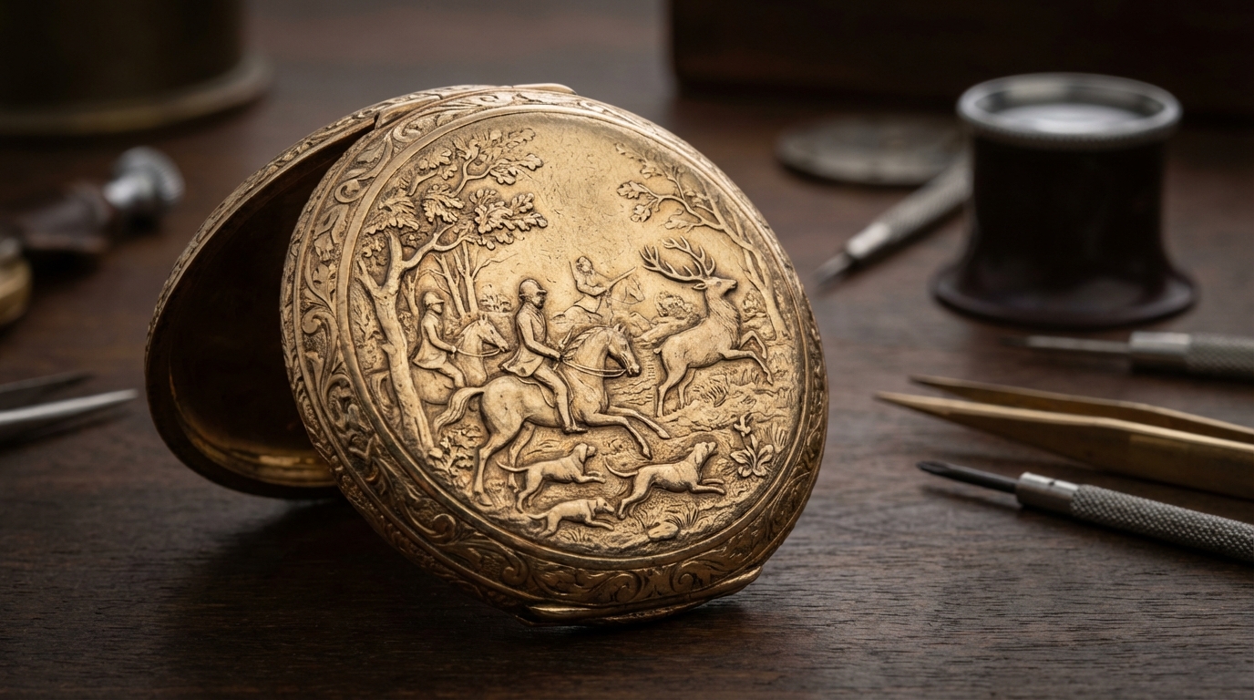 Dettaglio macro di incisioni su casse di orologi da taschino in oro antico raffiguranti una scena di caccia
