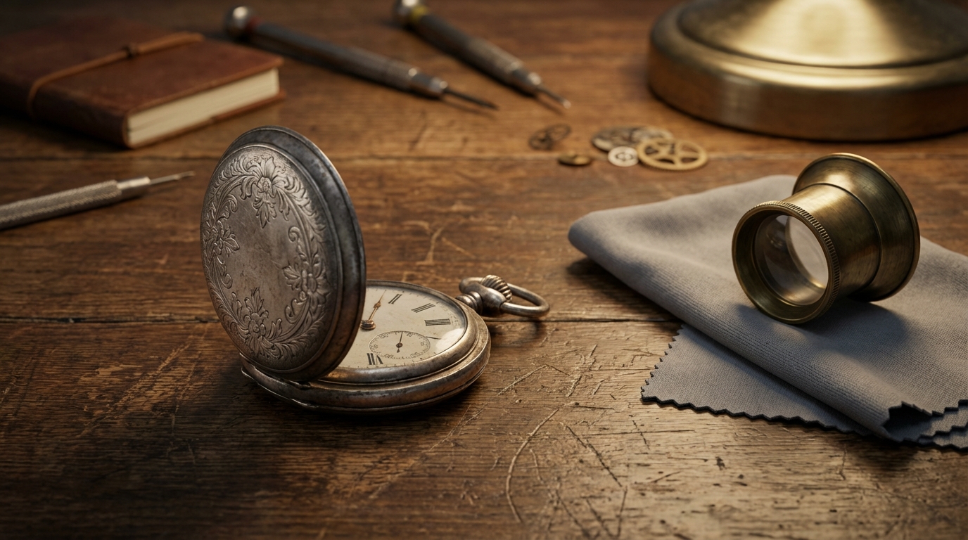 Un orologiaio che si occupa di mantenere un orologio da taschino antico sul suo banco da lavoro.