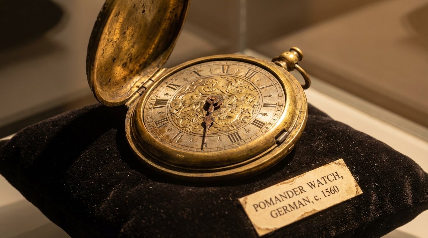 Primo piano di uno degli orologi da taschino più antichi del mondo in ottone dorato su sfondo scuro