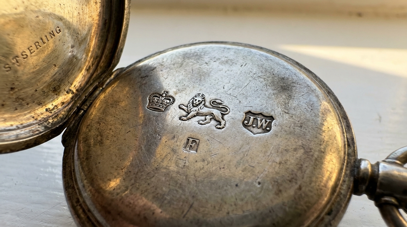 Dettaglio macro dei punzoni e marchi su un orologio da taschino antico in argento