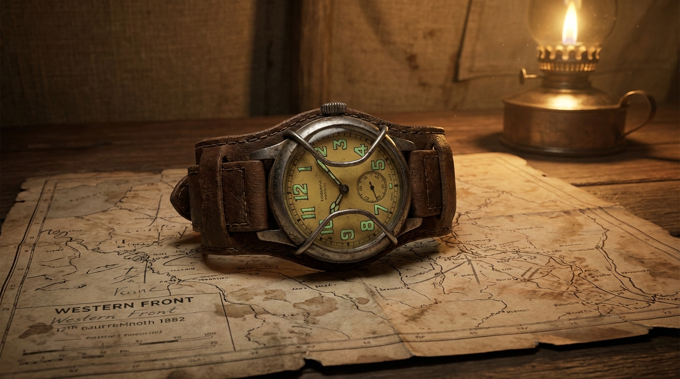 Antico orologio da polso militare della Prima Guerra Mondiale con griglia di protezione su mappa d'epoca