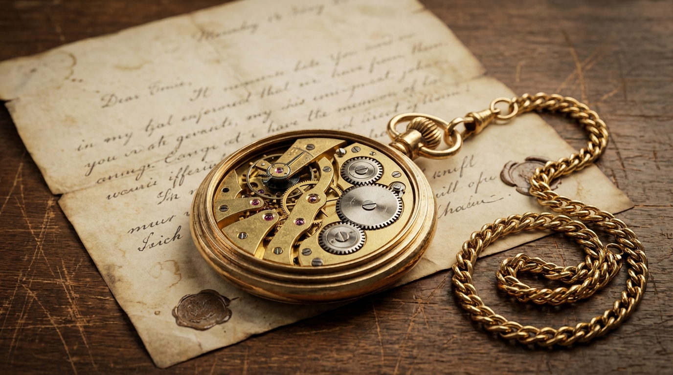 Antico orologio da taschino in oro con ingranaggi a vista appoggiato su un tavolo di legno scuro