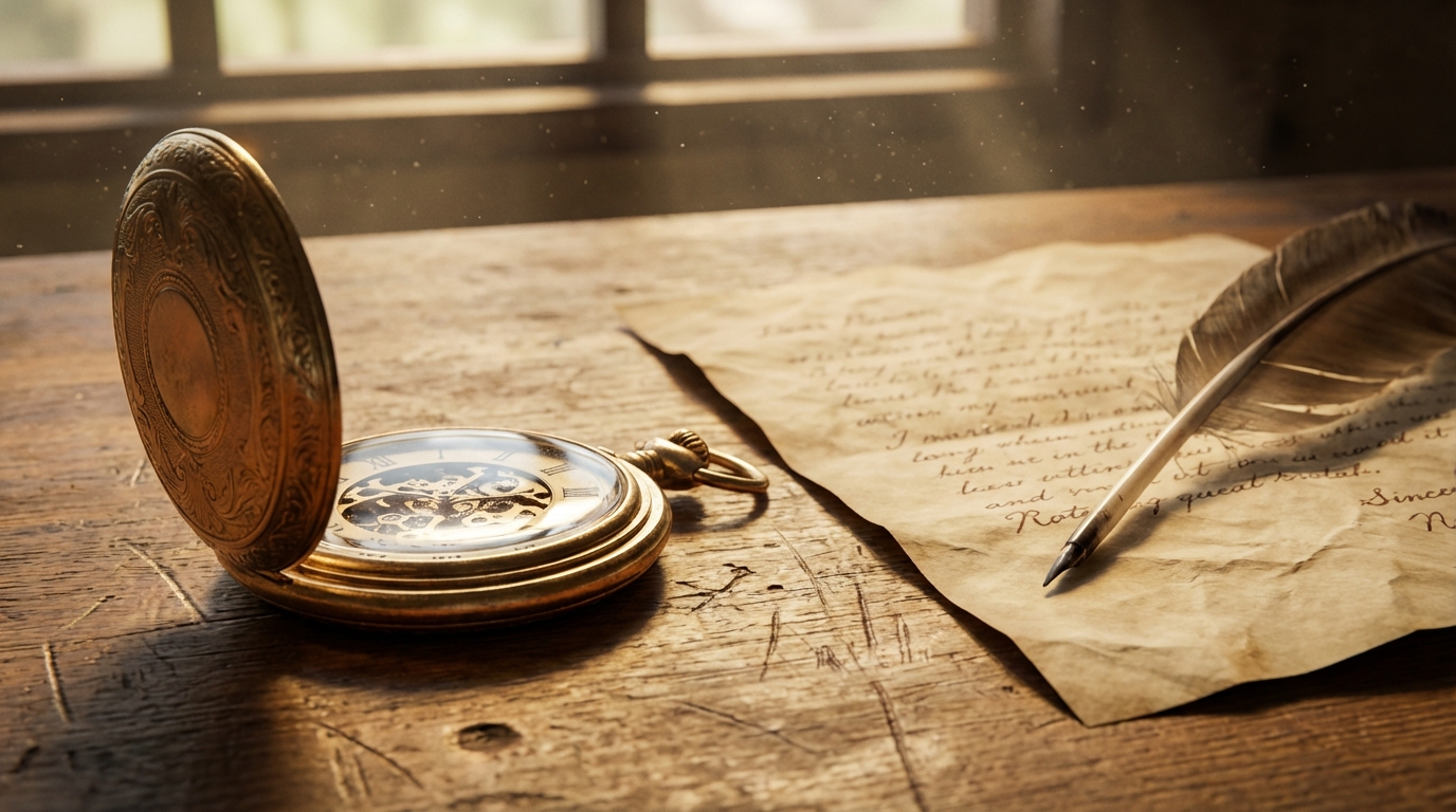 Antico orologio da taschino in oro appoggiato su una scrivania vintage