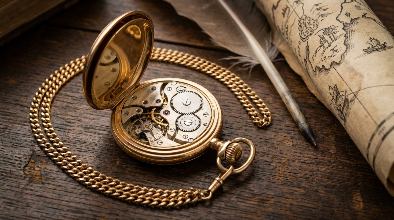 Antico orologio da taschino in oro su scrivania in legno con mappa e penna d'oca
