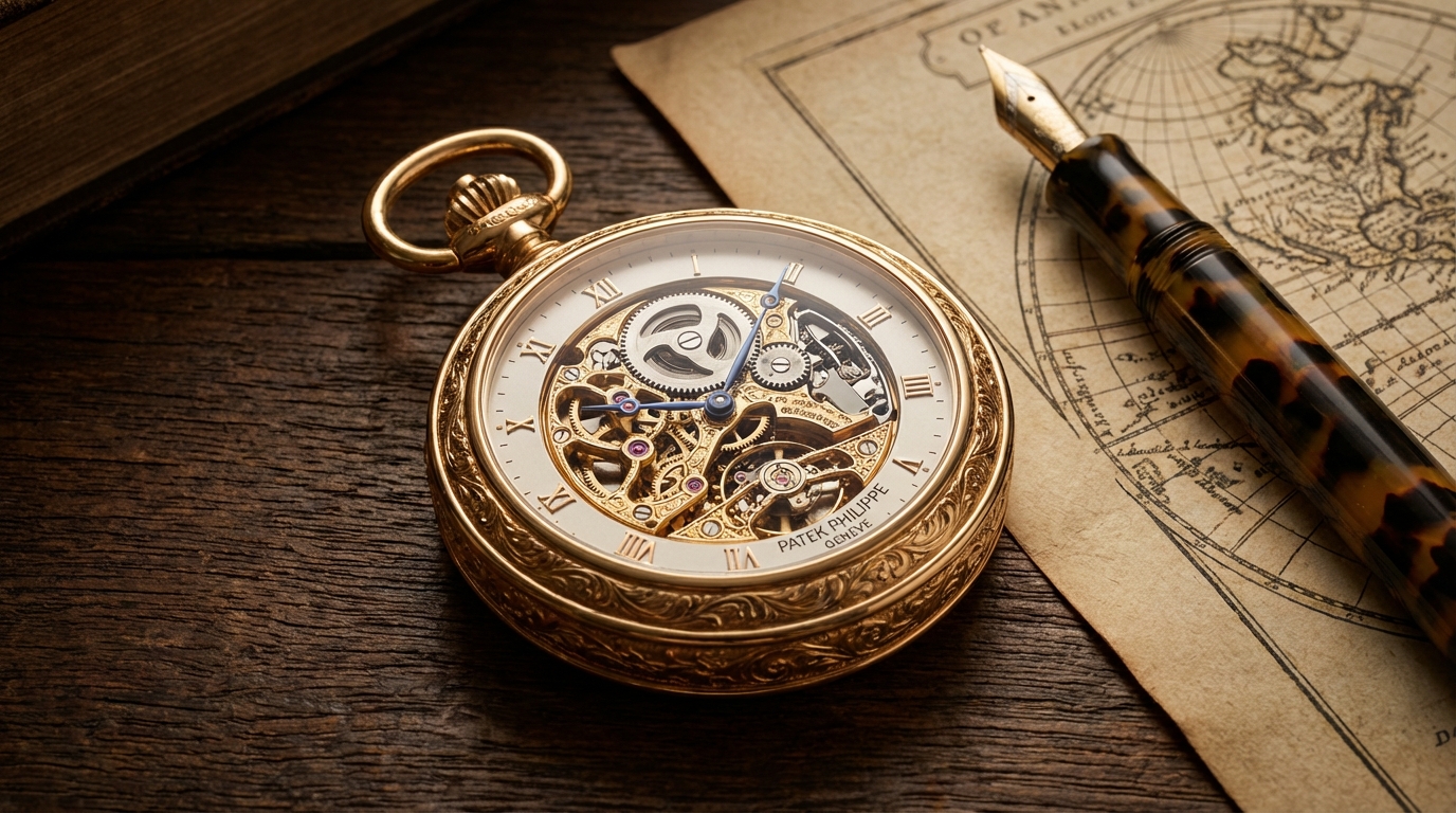 Orologio da taschino di lusso in oro con meccanismo a vista su scrivania antica