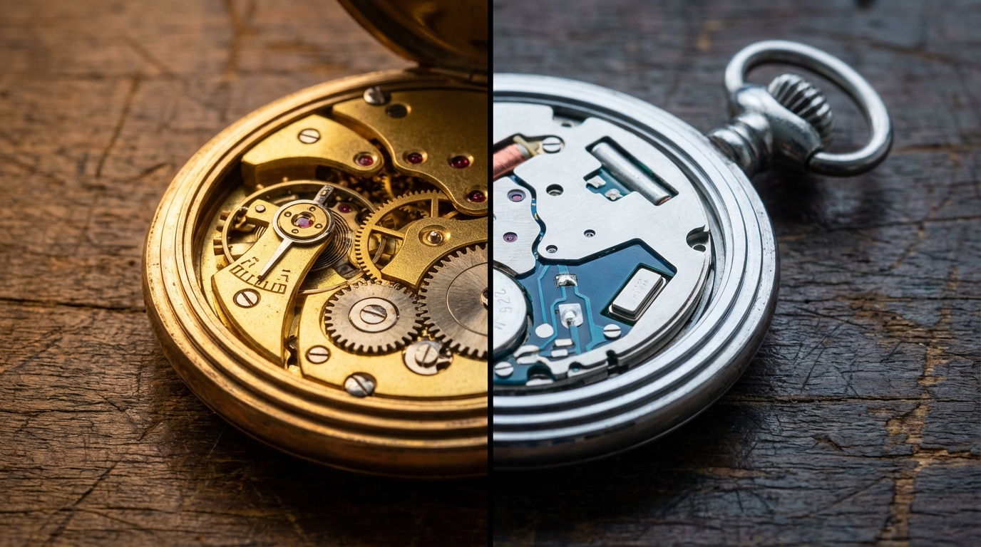 Confronto macro tra il movimento di un orologio da taschino meccanico e uno al quarzo