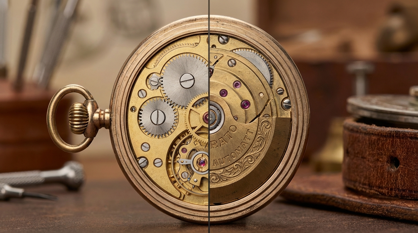 Meccanismo interno di un orologio da taschino a confronto: carica manuale vs automatica