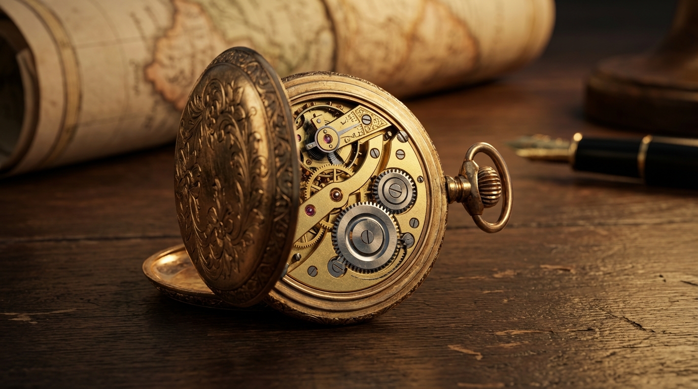 Antico orologio da taschino in oro con meccanismo a vista su scrivania in legno