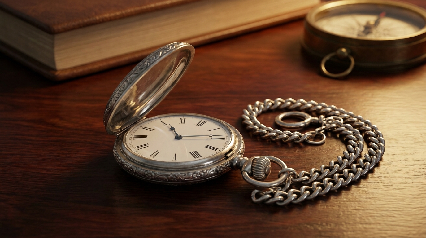 Un elegante orologio da taschino in argento di tipo Full Hunter con catena appoggiato su un tavolo di legno.