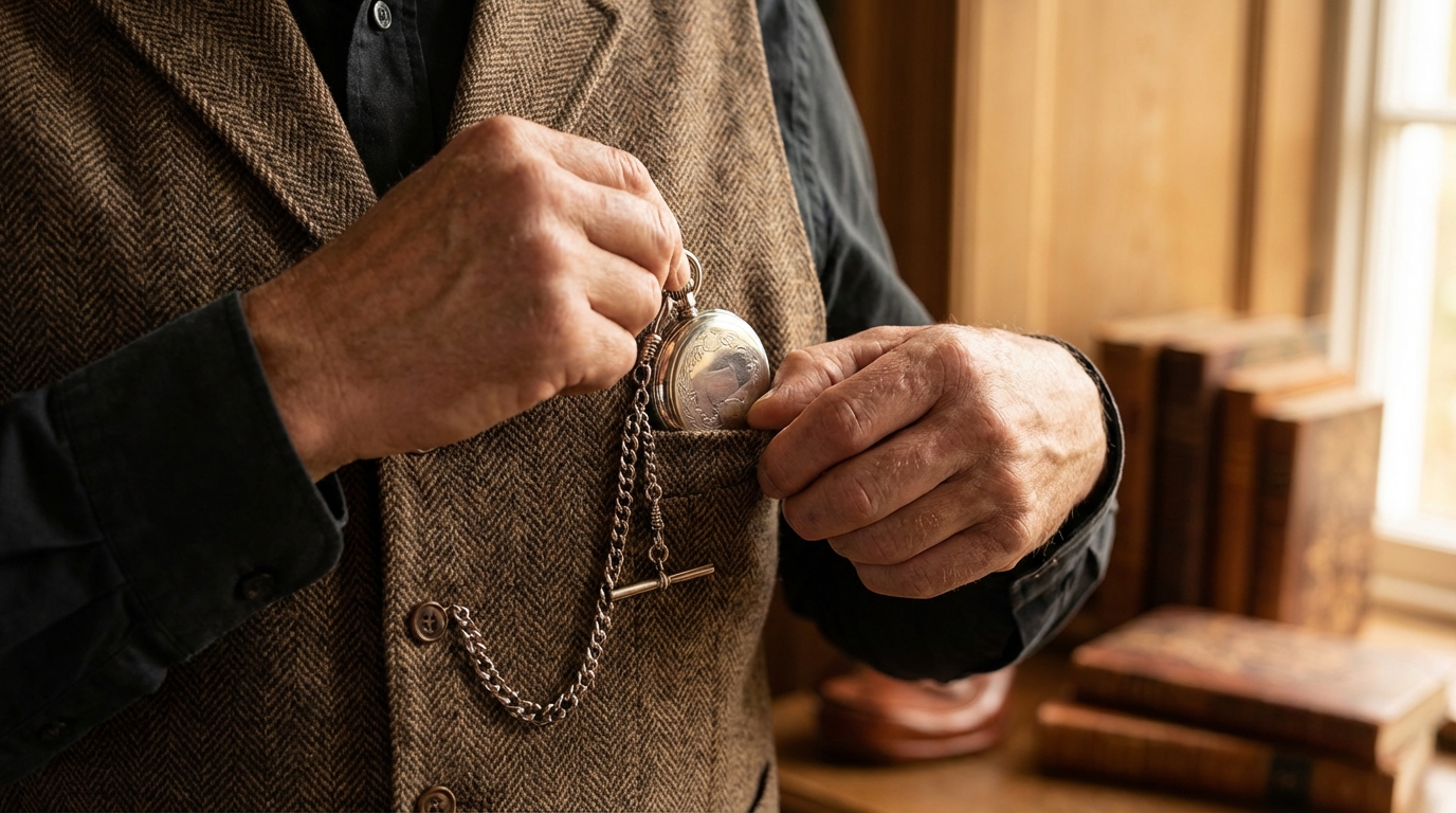 Un uomo che indossa con eleganza un orologio da taschino con un gilet.