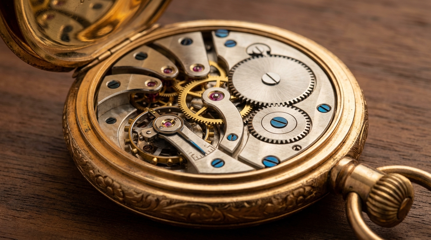 Meccanismo interno di un orologio da taschino a complicazione in oro con ingranaggi a vista