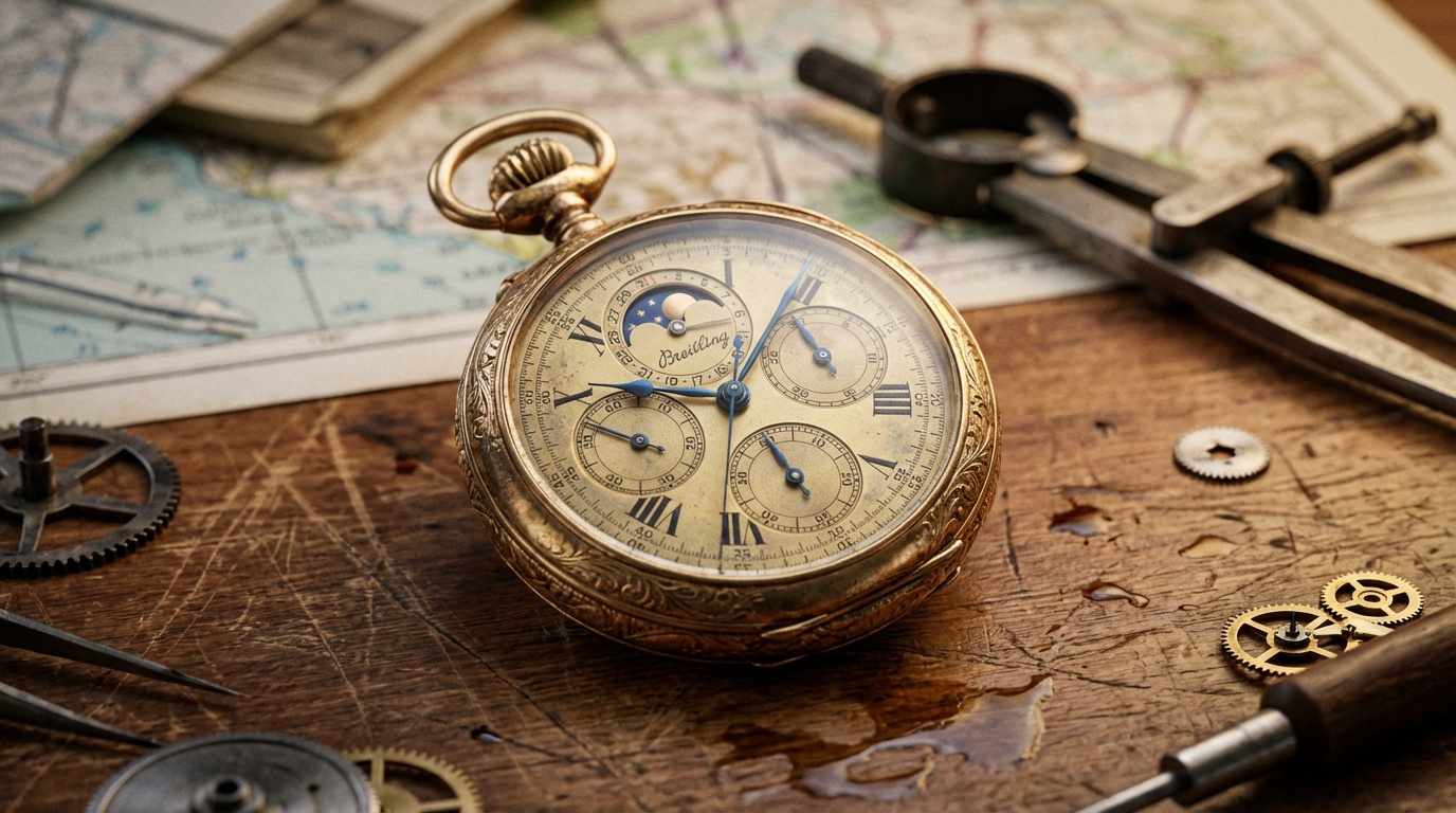 Antico orologio da taschino Breitling in oro su un tavolo da lavoro con mappe di aviazione