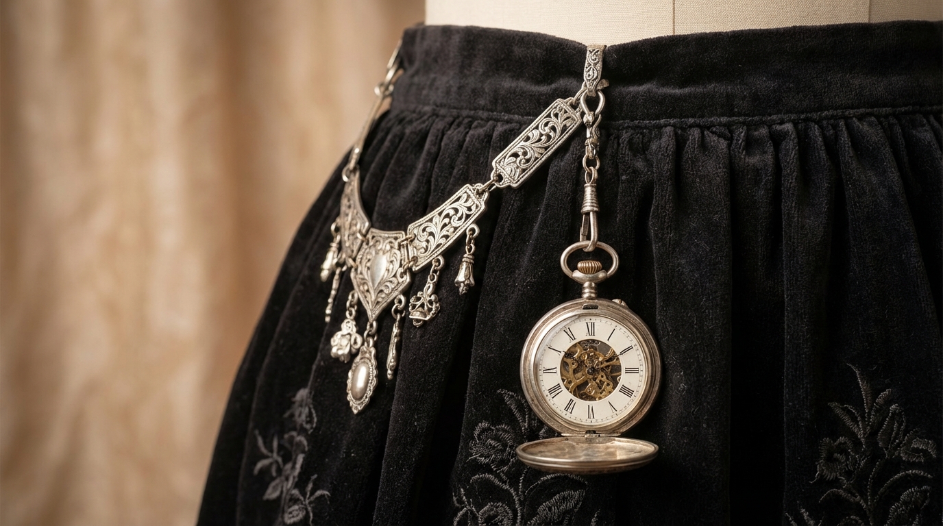 Orologio da taschino chatelaine antico in argento, appeso elegantemente a una gonna.