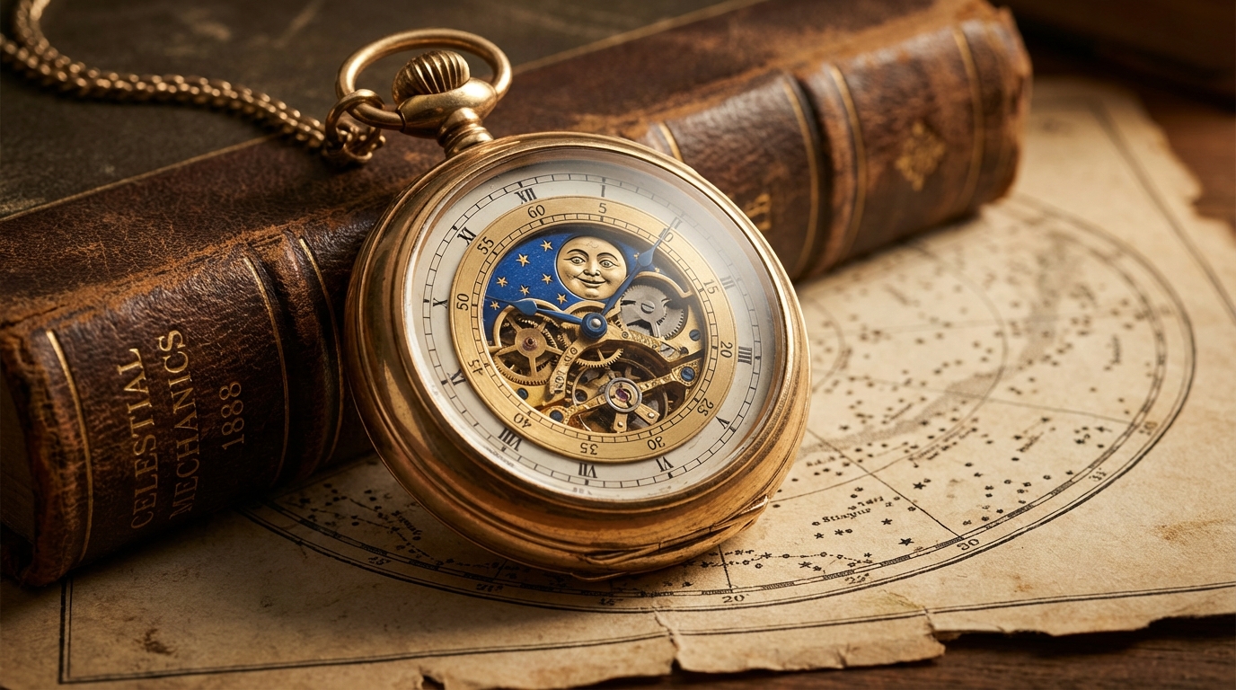 Orologio da taschino con fasi lunari in oro antico su mappa vintage