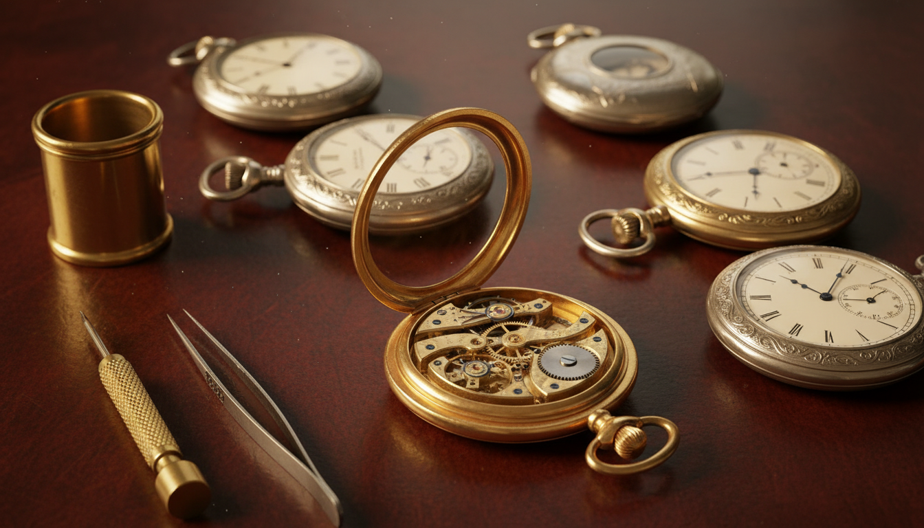 Un orologio da taschino da collezione aperto che mostra il suo movimento complesso, accanto ad altri pezzi d'antiquariato.