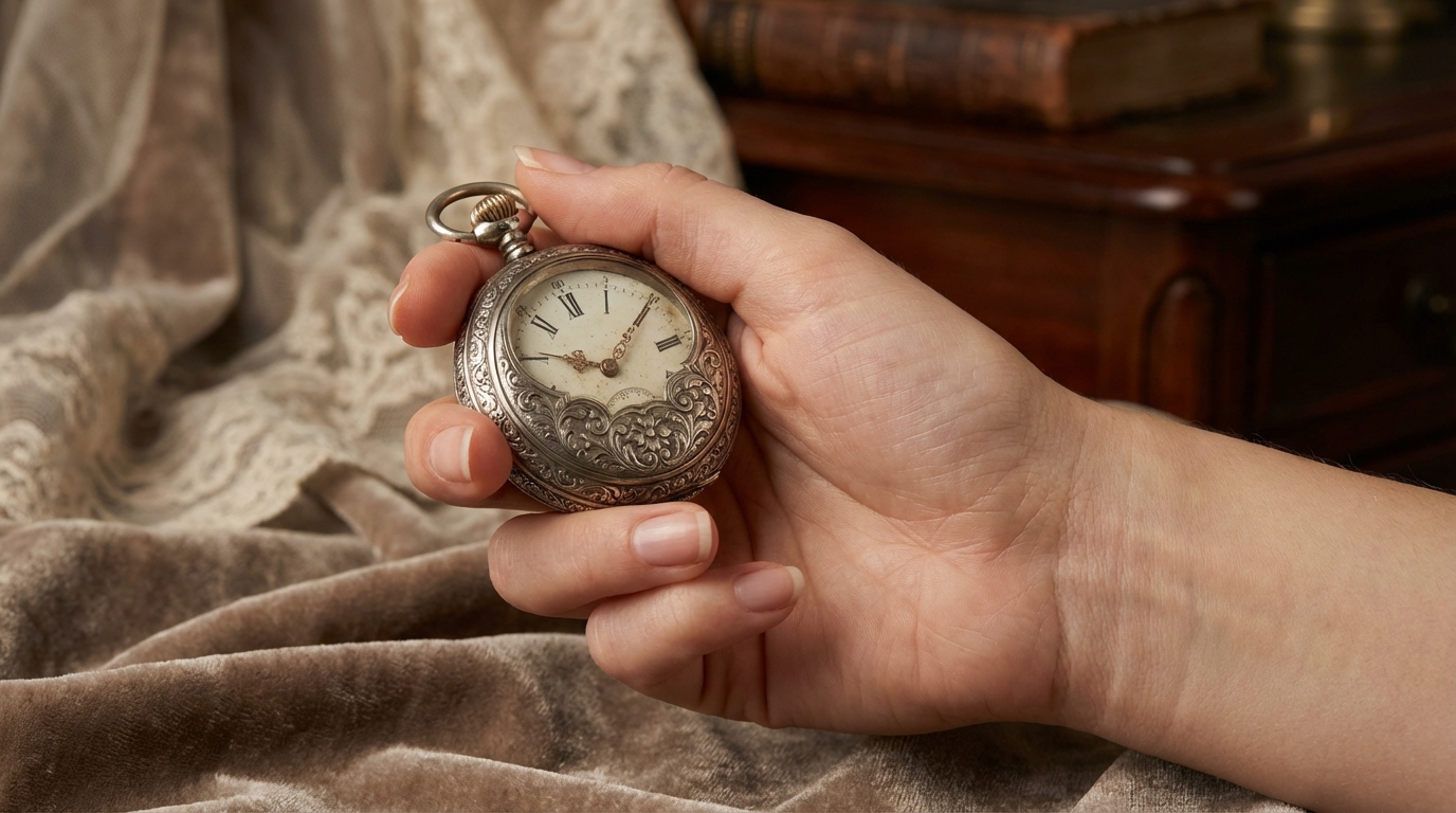 Una donna che tiene in mano un elegante orologio da taschino da donna in argento con incisioni.
