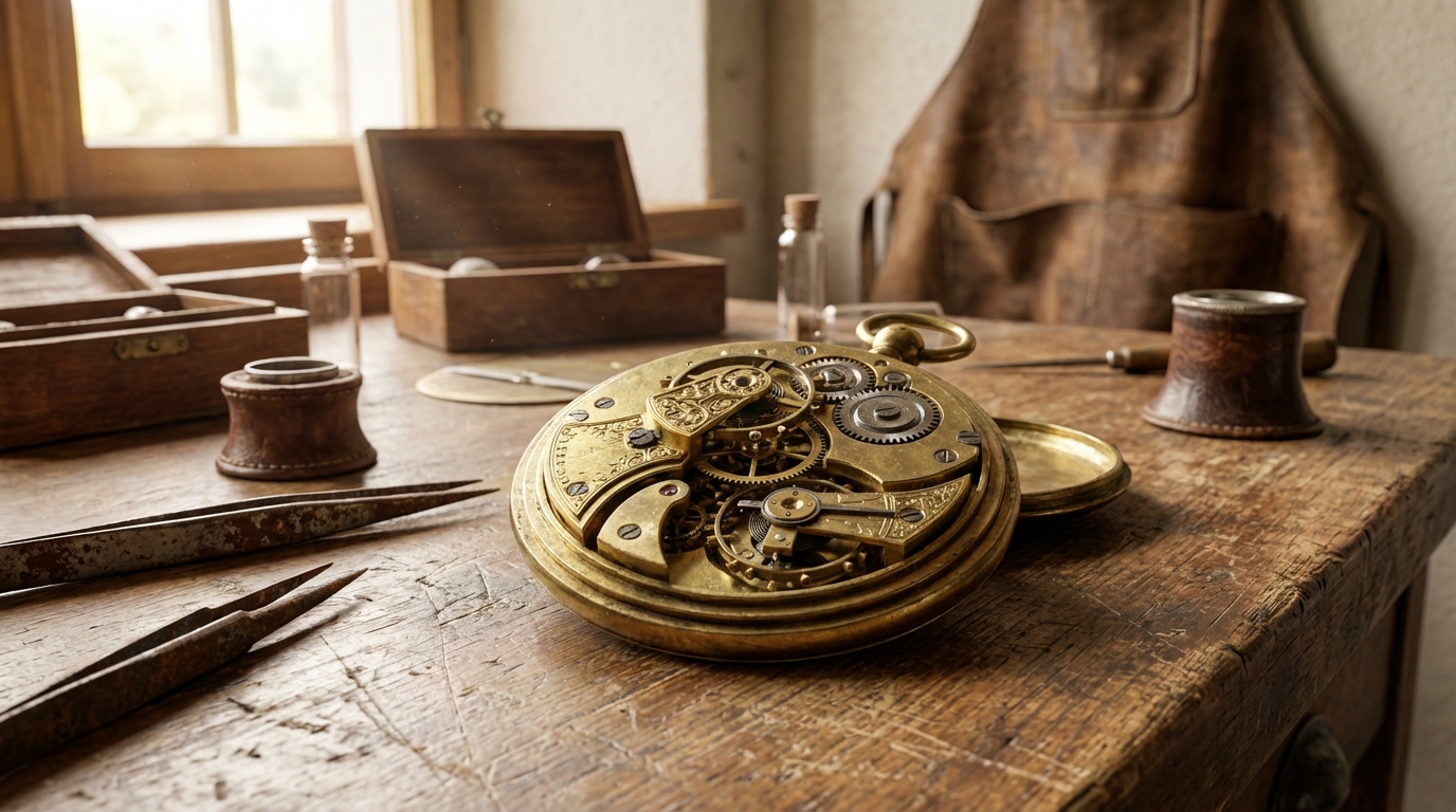 Antico orologio da taschino Daniel JeanRichard smontato su un tavolo da lavoro del XVIII secolo