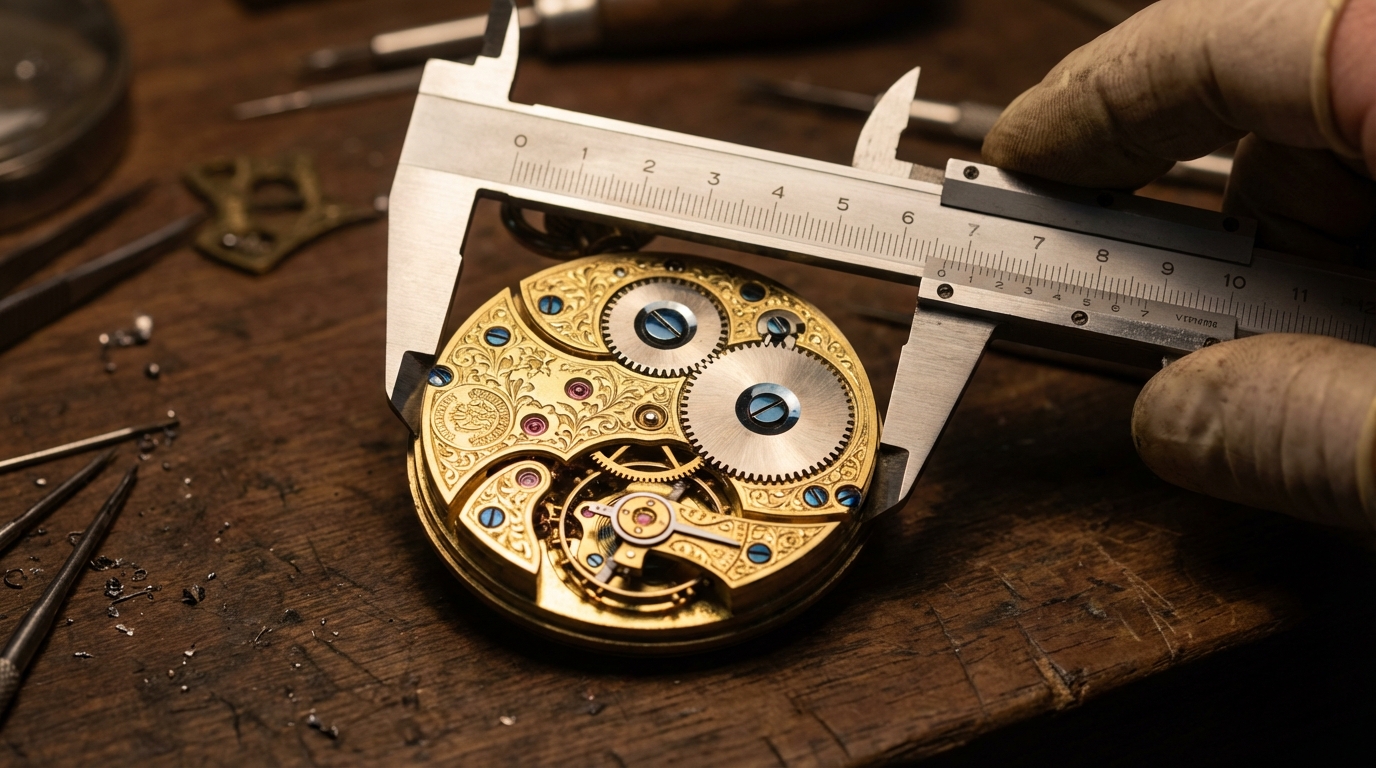 Misurazione orologio da taschino dimensioni con calibro sul movimento