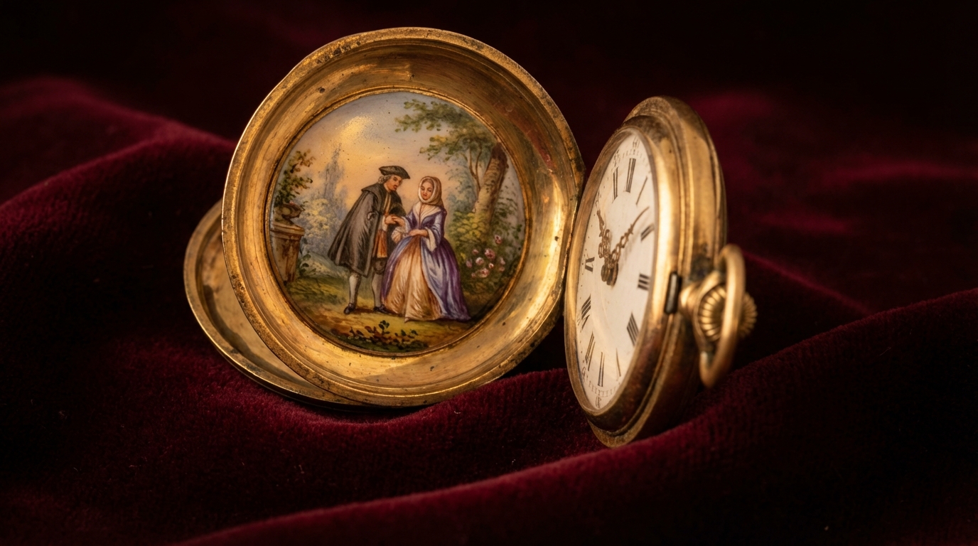 Antico orologio da taschino erotico in oro con smalto dipinto a mano su velluto rosso