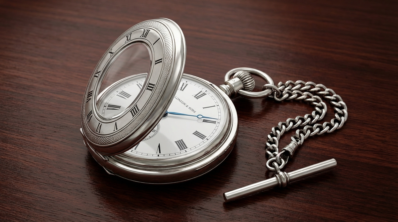 Orologio da taschino half hunter in argento con cassa aperta e catena Albert, simbolo di eleganza classica.