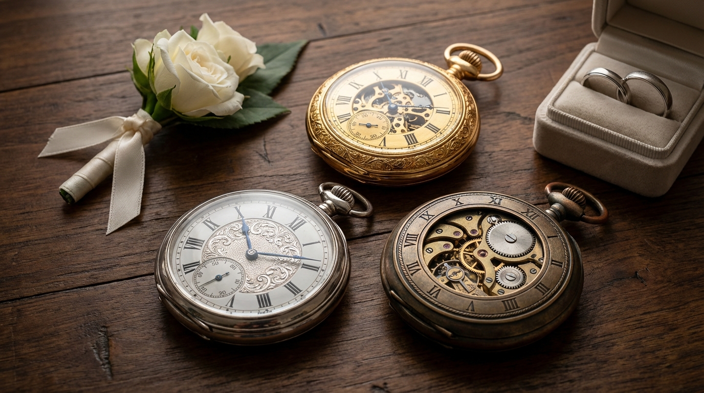 Orologio da taschino matrimonio: una selezione di modelli in oro e argento come regalo per lo sposo.