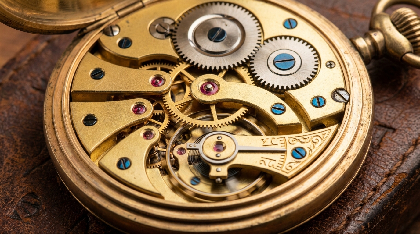 Primo piano dettagliato del meccanismo interno di un orologio da taschino meccanico con ingranaggi dorati