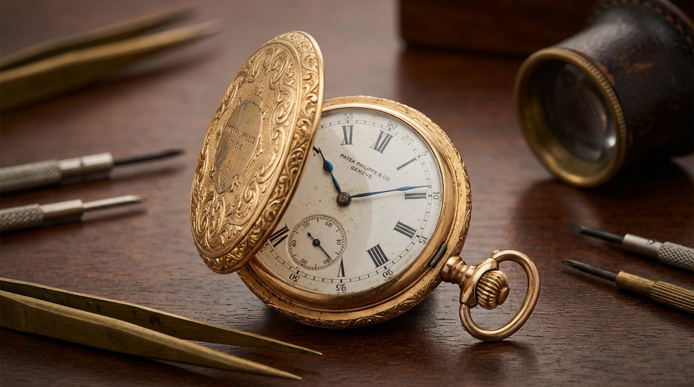 Antico orologio da taschino Patek Philippe in oro su scrivania da orologiaio