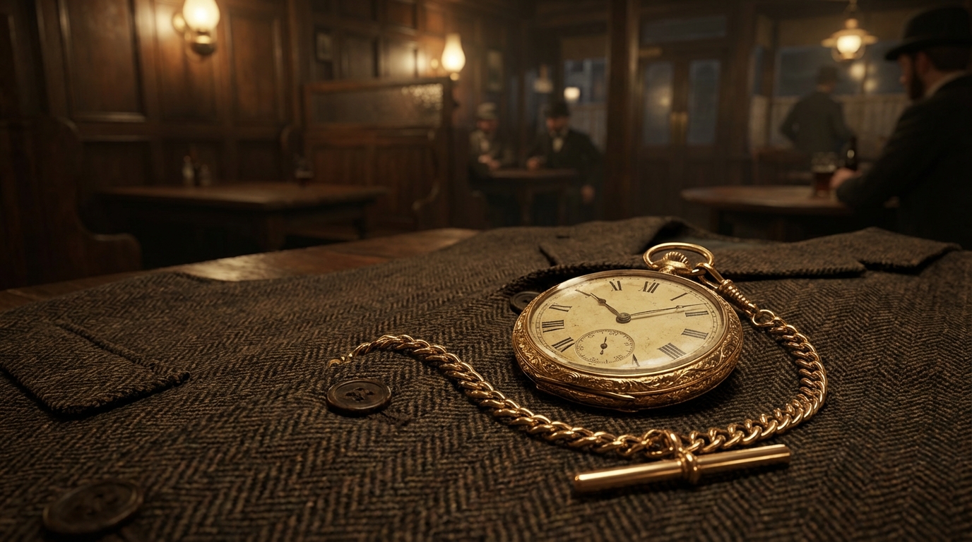 Orologio da taschino Peaky Blinders dorato con catena appoggiato su un gilet di tweed.