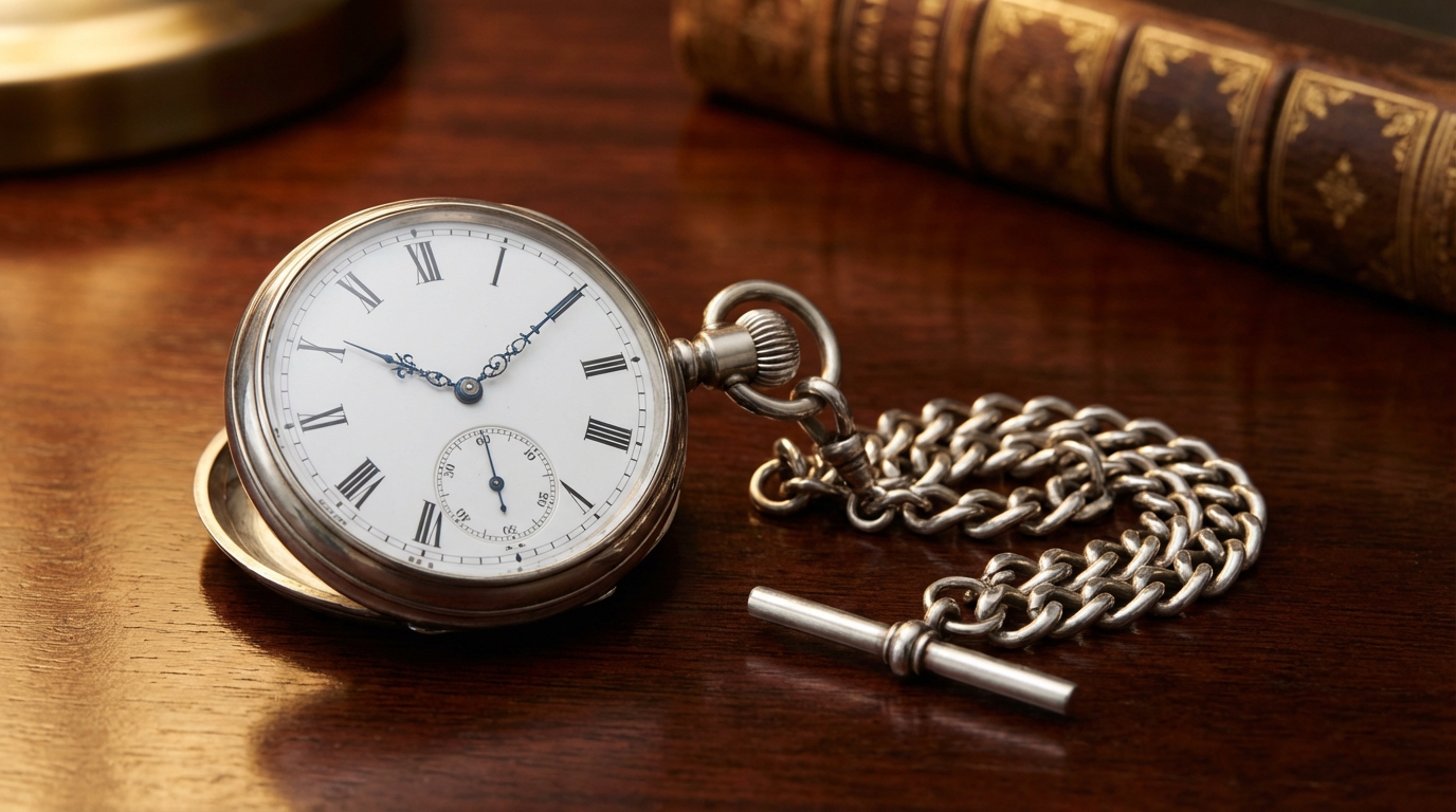 Orologio da taschino a quadrante aperto in argento con numeri romani appoggiato su un tavolo di legno.