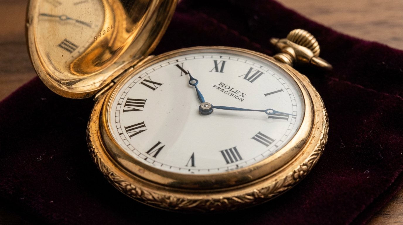Antico orologio da taschino Rolex in oro su sfondo di velluto scuro