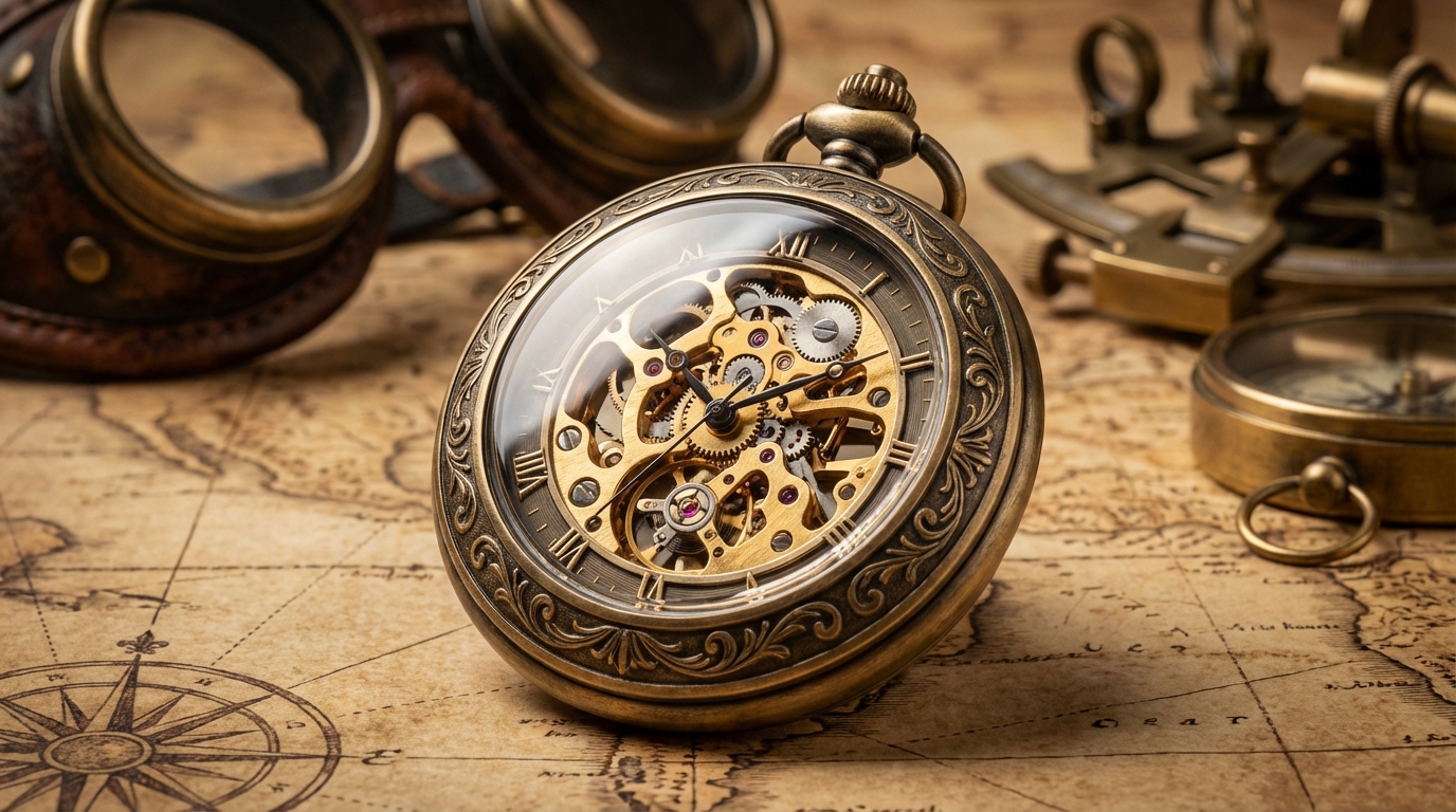 Orologio da taschino steampunk in bronzo con meccanismo a vista e ingranaggi su mappa antica