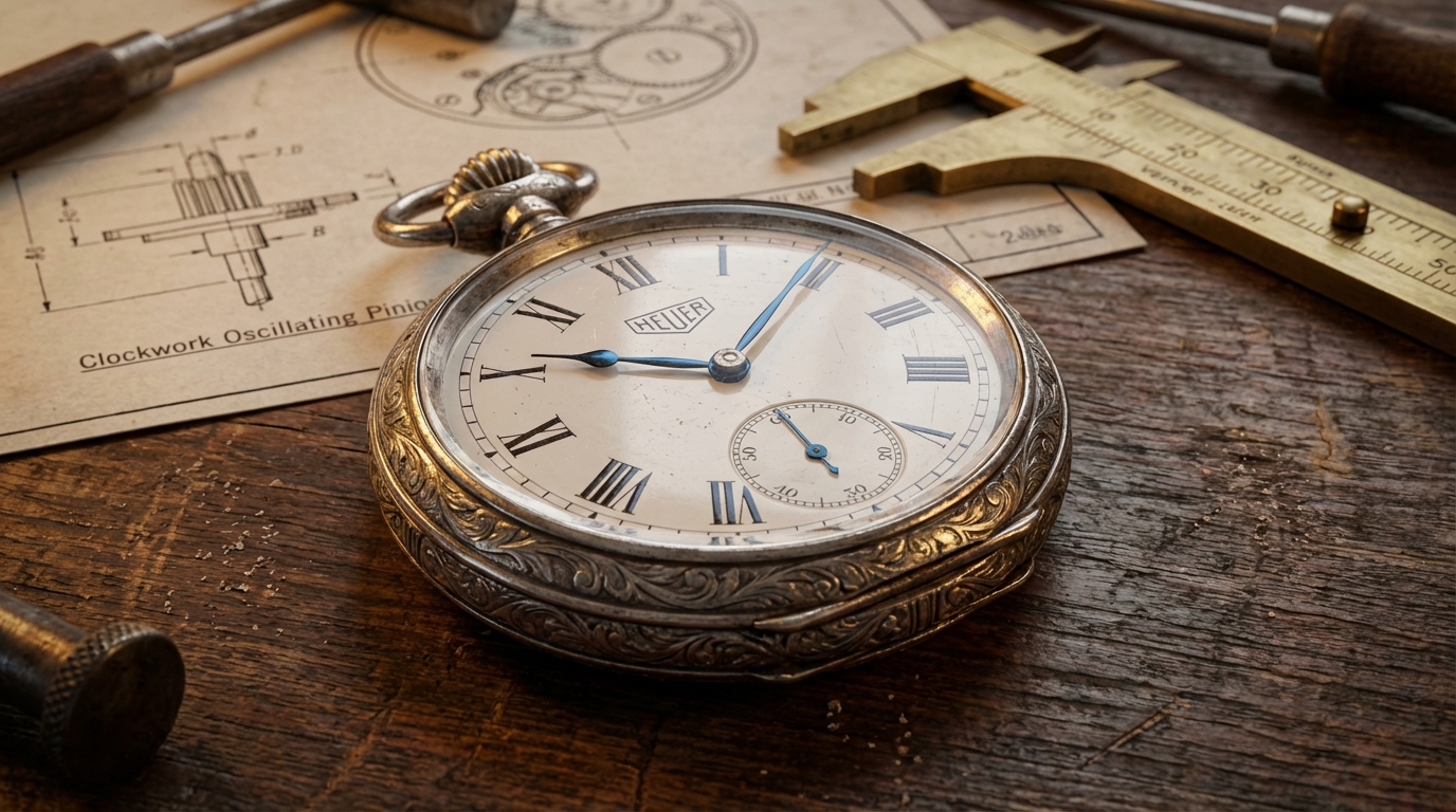 Antico orologio da taschino Tag Heuer in argento su tavolo da lavoro con progetti tecnici