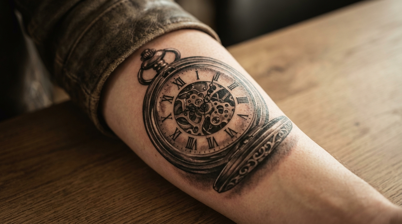 Dettaglio realistico di un orologio da taschino tattoo sull'avambraccio con ingranaggi a vista e numeri romani