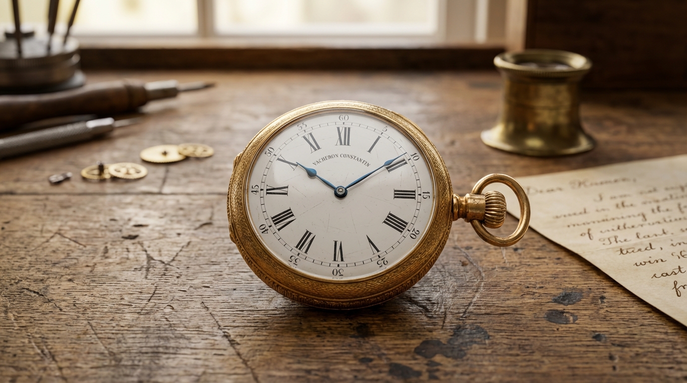 Antico orologio da taschino Vacheron Constantin in oro con quadrante smaltato su scrivania da orologiaio