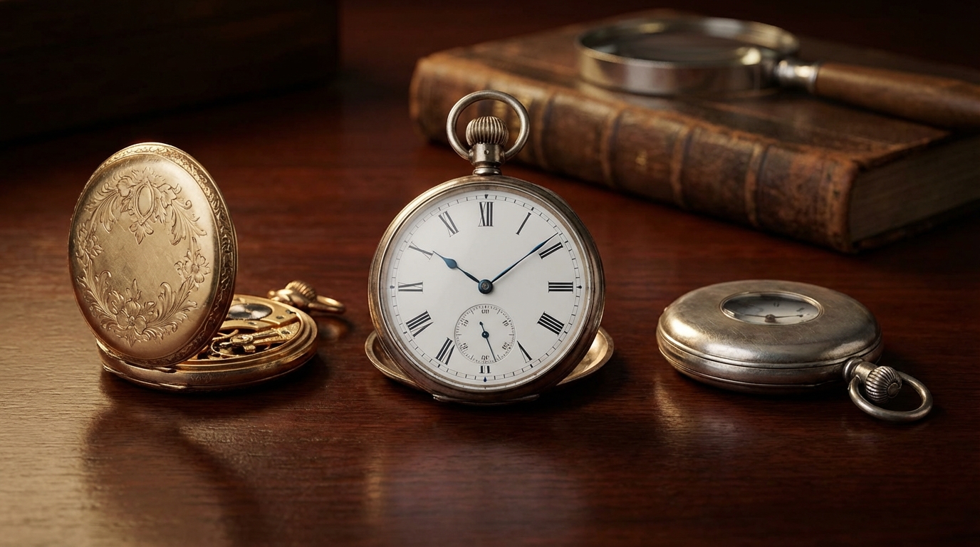 Una selezione di orologio da taschino vintage in oro e argento su una scrivania di legno.