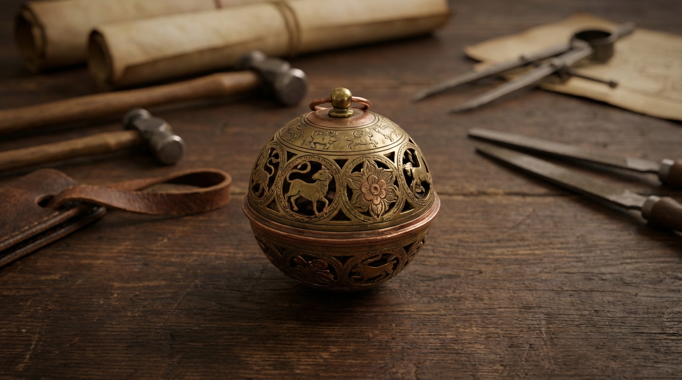 Il Pomander 1505 di Peter Henlein, considerato l'orologio più antico del mondo, su un tavolo da lavoro antico