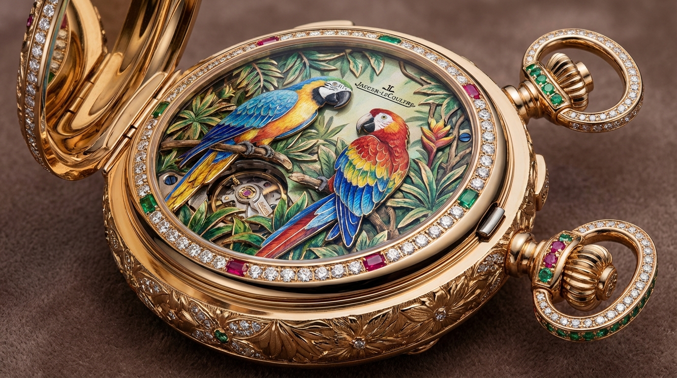 Dettaglio del quadrante del Parrot Repeater Orologio da Taschino con are smaltate e pietre preziose