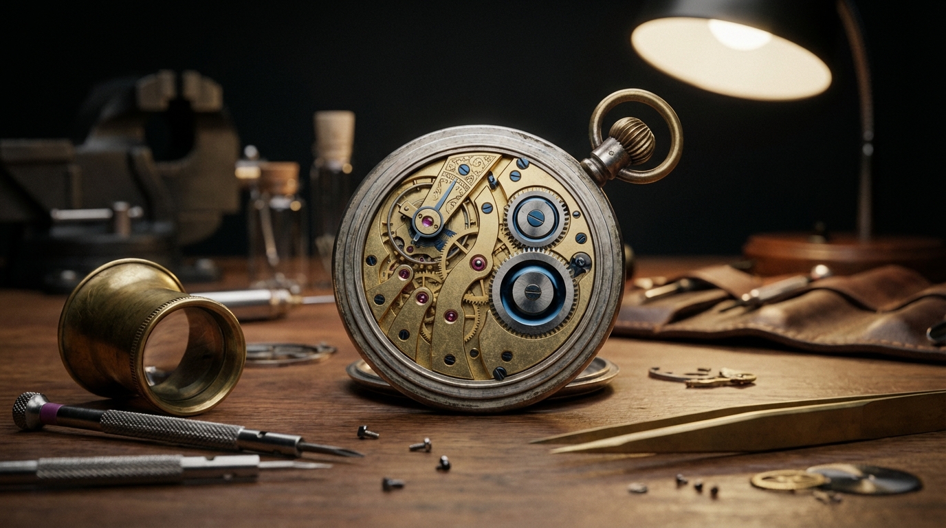 Strumenti di precisione e un movimento aperto per riparare un orologio da taschino